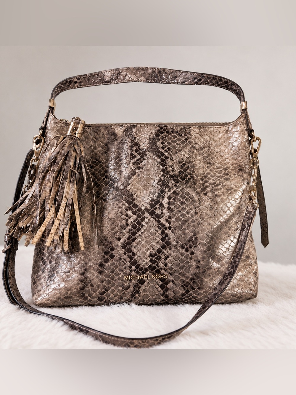 Michael Kors Metallic Taupe Snake-Print Shoulder Bag with Gold Hardware